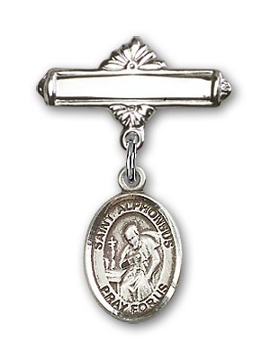 Pin Badge with St. Alphonsus Charm and Polished Engravable Badge Pin - Silver tone