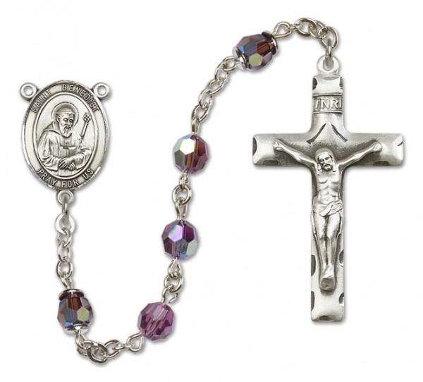 St. Benedict Sterling Silver Heirloom Rosary Squared Crucifix - Amethyst