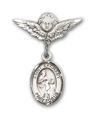 Pin Badge with St. Zachary Charm and Angel with Smaller Wings Badge Pin - Silver tone