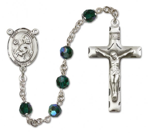 St. Kevin Sterling Silver Heirloom Rosary Squared Crucifix - Emerald Green