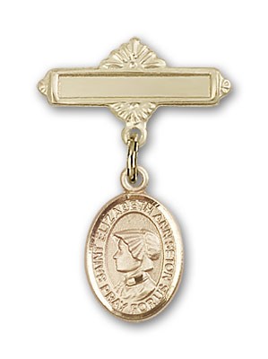 Pin Badge with St. Elizabeth Ann Seton Charm and Polished Engravable Badge Pin - 14K Solid Gold