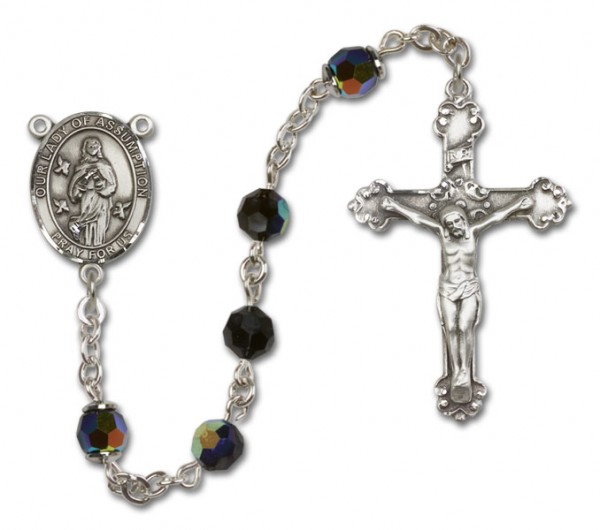 Our Lady of Assumption Sterling Silver Heirloom Rosary Fancy Crucifix - Black