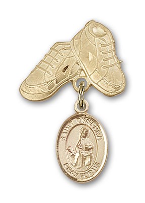 Pin Badge with St. Dymphna Charm and Baby Boots Pin - 14K Solid Gold