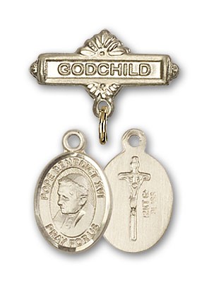 Baby Badge with Pope Benedict XVI Charm and Godchild Badge Pin - 14K Solid Gold