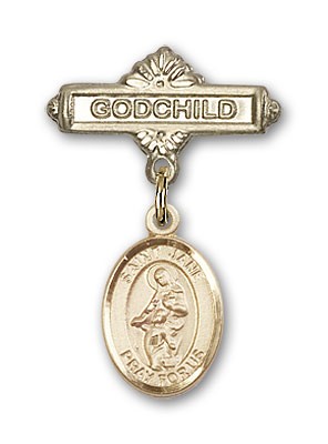 Pin Badge with St. Jane of Valois Charm and Godchild Badge Pin - 14K Solid Gold