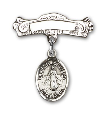 Pin Badge with Blessed Karolina Kozkowna Charm and Arched Polished Engravable Badge Pin - Silver tone