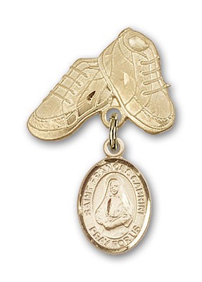 Pin Badge with St. Frances Cabrini Charm and Baby Boots Pin - 14K Solid Gold