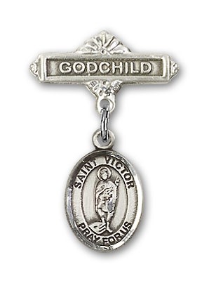 Pin Badge with St. Victor of Marseilles Charm and Godchild Badge Pin - Silver tone