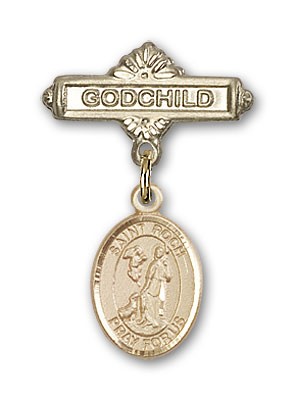 Pin Badge with St. Roch Charm and Godchild Badge Pin - 14K Solid Gold