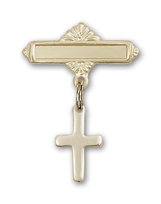Baby Pin with Cross Charm and Polished Engravable Badge Pin - 14K Solid Gold