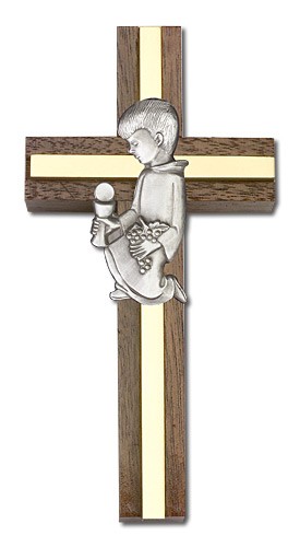 First Communion Boy Wall Cross in Walnut and Metal Inlay 4 inch - Two-Tone Gold