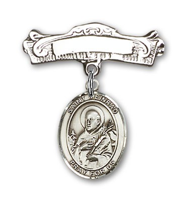 Pin Badge with St. Meinrad of Einsideln Charm and Arched Polished Engravable Badge Pin - Silver tone