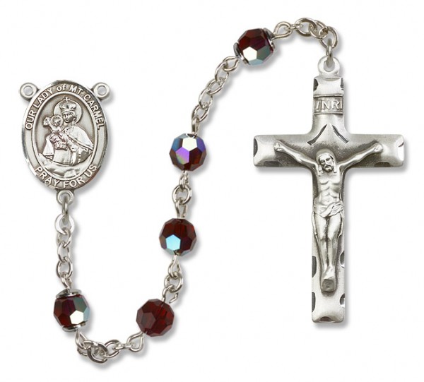 Our Lady of Mount Carmel Sterling Silver Heirloom Rosary Squared Crucifix - Garnet