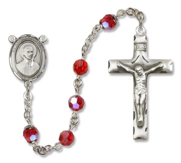 St. John Berchmans Sterling Silver Heirloom Rosary Squared Crucifix - Ruby Red