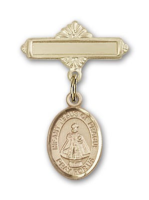 Pin Badge with Infant of Prague Charm and Polished Engravable Badge Pin - 14K Solid Gold