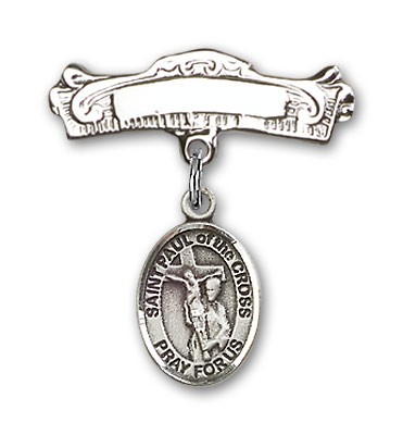 Pin Badge with St. Paul of the Cross Charm and Arched Polished Engravable Badge Pin - Silver tone