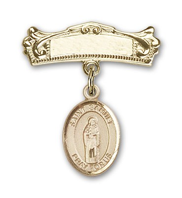 Pin Badge with St. Samuel Charm and Arched Polished Engravable Badge Pin - 14K Solid Gold