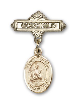 Pin Badge with St. Gerard Charm and Godchild Badge Pin - 14K Solid Gold
