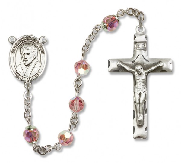 St. Peter Canisius Sterling Silver Heirloom Rosary Squared Crucifix - Light Rose