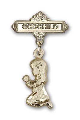 Baby Pin with Praying Girl Charm and Godchild Badge Pin - Gold Tone