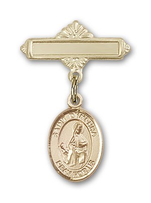 Pin Badge with St. Dymphna Charm and Polished Engravable Badge Pin - Gold Tone