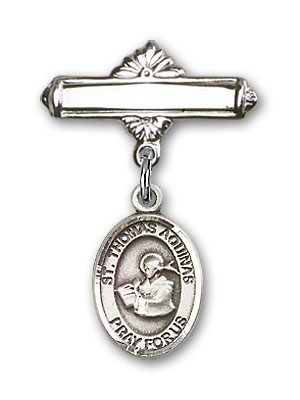 Pin Badge with St. Thomas Aquinas Charm and Polished Engravable Badge Pin - Silver tone