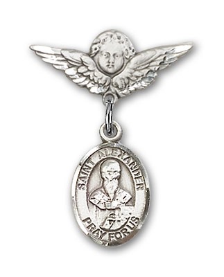 Pin Badge with St. Alexander Sauli Charm and Angel with Smaller Wings Badge Pin - Silver tone