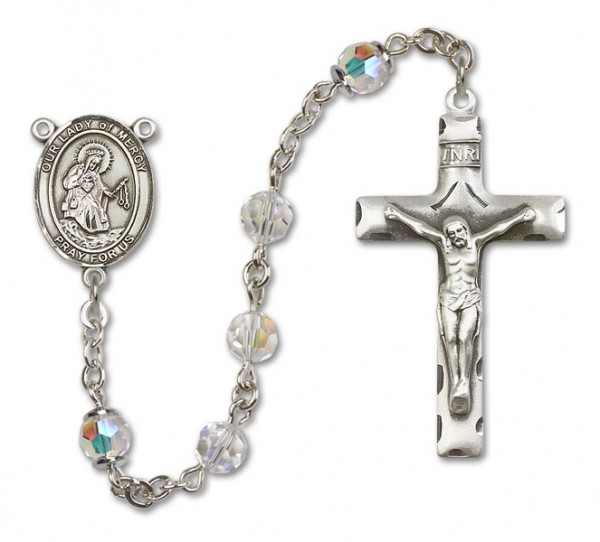 Our Lady of Mercy Sterling Silver Heirloom Rosary Squared Crucifix - Crystal