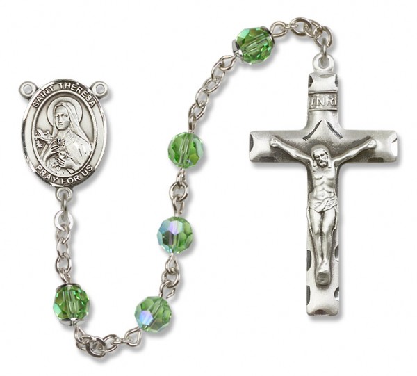 St. Theresa Sterling Silver Heirloom Rosary Squared Crucifix - Peridot