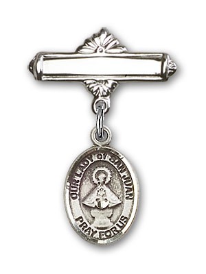 Pin Badge with Our Lady of San Juan Charm and Polished Engravable Badge Pin - Silver tone