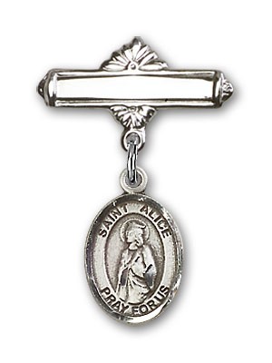 Pin Badge with St. Alice Charm and Polished Engravable Badge Pin - Silver tone