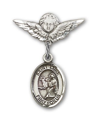 Pin Badge with St. Luke the Apostle Charm and Angel with Smaller Wings Badge Pin - Silver tone