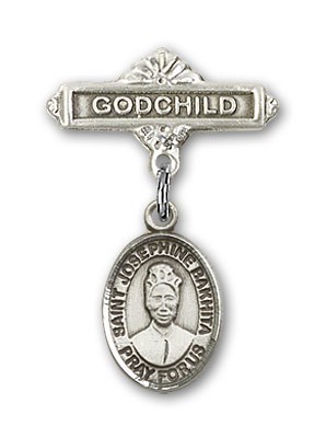 Pin Badge with St. Josephine Bakhita Charm and Godchild Badge Pin - Silver tone
