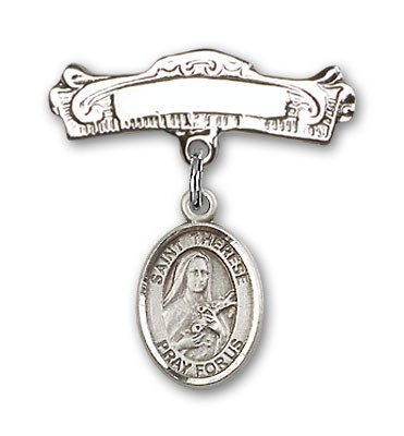 Pin Badge with St. Therese of Lisieux Charm and Arched Polished Engravable Badge Pin - Silver tone