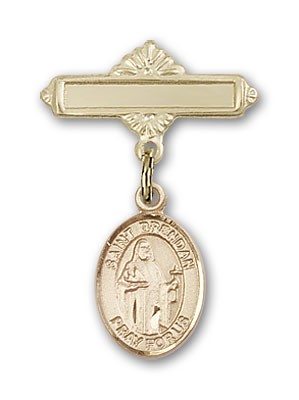 Pin Badge with St. Brendan the Navigator Charm and Polished Engravable Badge Pin - Gold Tone