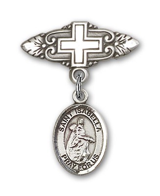 Pin Badge with St. Isabella of Portugal Charm and Badge Pin with Cross - Silver tone