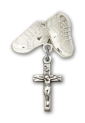 Baby Badge with Crucifix Charm and Baby Boots Pin - Silver tone