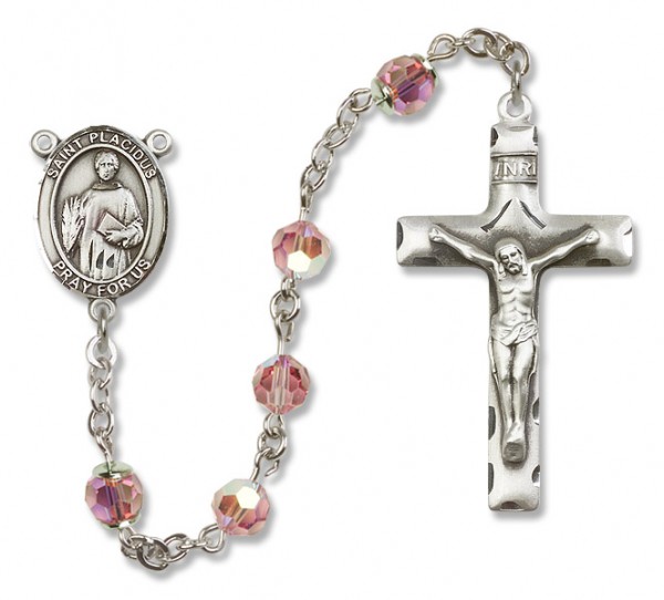 St. Placidus Sterling Silver Heirloom Rosary Squared Crucifix - Light Rose