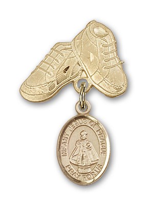 Baby Badge with Infant of Prague Charm and Baby Boots Pin - Gold Tone