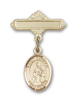 Pin Badge with St. Angela Merici Charm and Polished Engravable Badge Pin - 14K Solid Gold