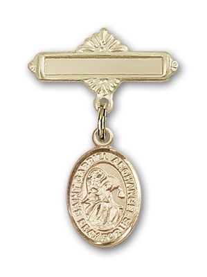 Pin Badge with St. Gabriel the Archangel Charm and Polished Engravable Badge Pin - Gold Tone