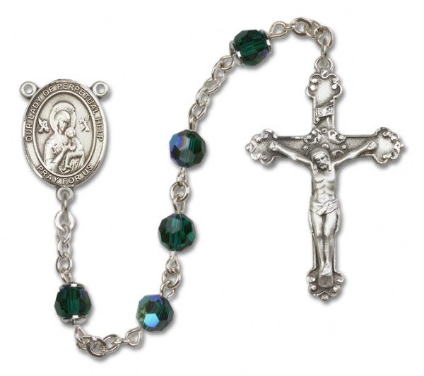 Our Lady of Perpetual Help Sterling Silver Heirloom Rosary Fancy Crucifix - Emerald Green