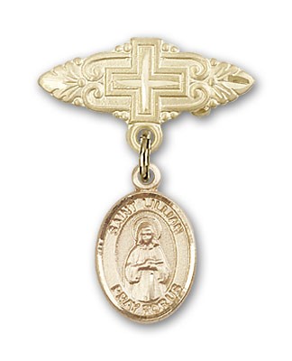 Pin Badge with St. Lillian Charm and Badge Pin with Cross - 14K Solid Gold