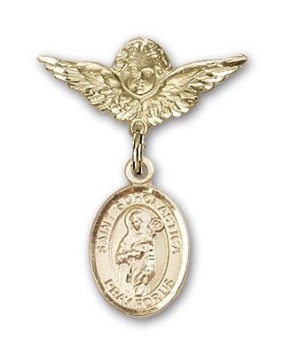 Pin Badge with St. Scholastica Charm and Angel with Smaller Wings Badge Pin - Gold Tone