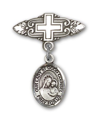 Pin Badge with Our Lady of Good Counsel Charm and Badge Pin with Cross - Silver tone
