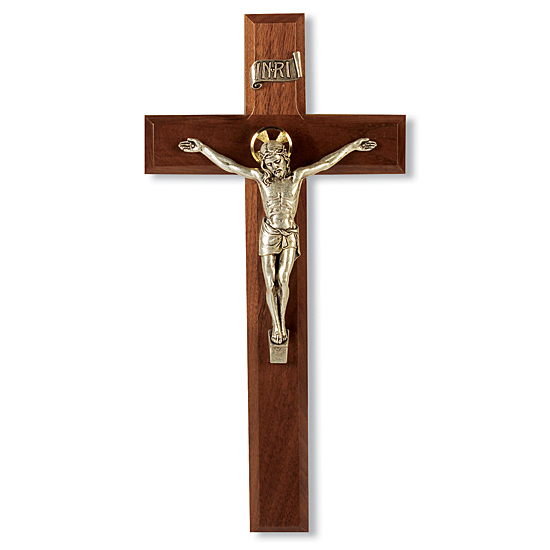 Beveled Edge Two-tone Walnut Wall Crucifix - 11 inch - Brown