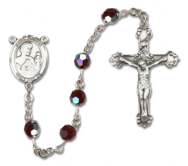St. Kieran Sterling Silver Heirloom Rosary Fancy Crucifix - Garnet