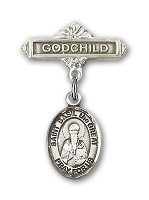 Pin Badge with St. Basil the Great Charm and Godchild Badge Pin - Silver tone
