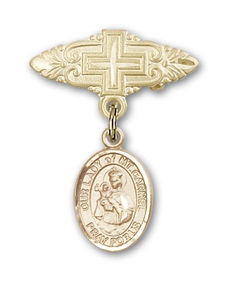 Pin Badge with Our Lady of Mount Carmel Charm and Badge Pin with Cross - 14K Solid Gold