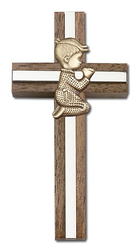 Praying Boy Cross in Walnut 4&quot; with Metal Inlay - Two-Tone Silver
